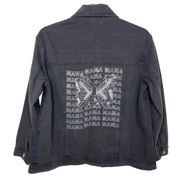 Emmas Expressions "Mama" Embroidered Black Denim Jacket With Butterfly Medium - Picture 2 of 13